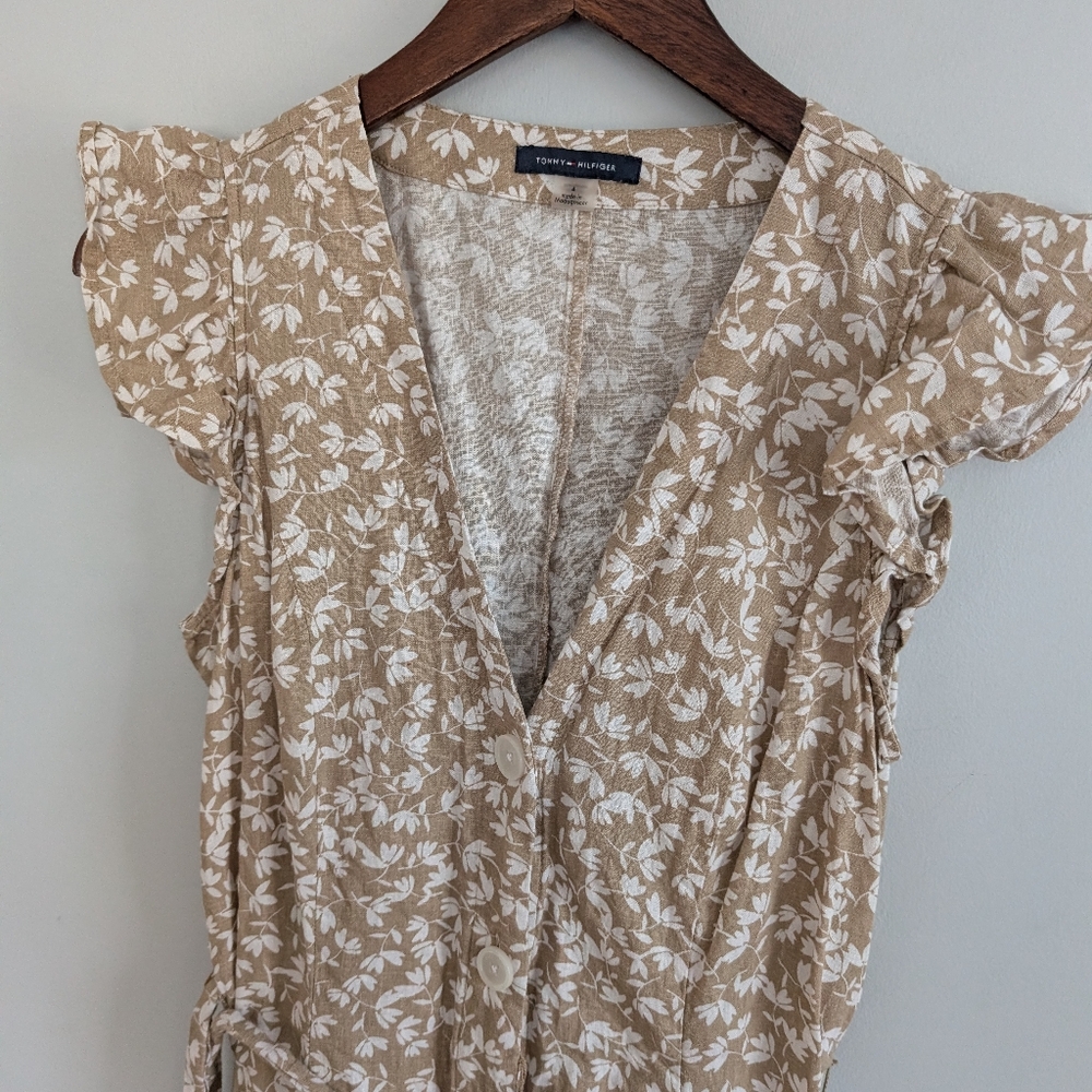 Women's Tommy Hilfiger 4 Dress Tan Floral Flutter Sleeve Midi Buttons - Picture 5 of 6